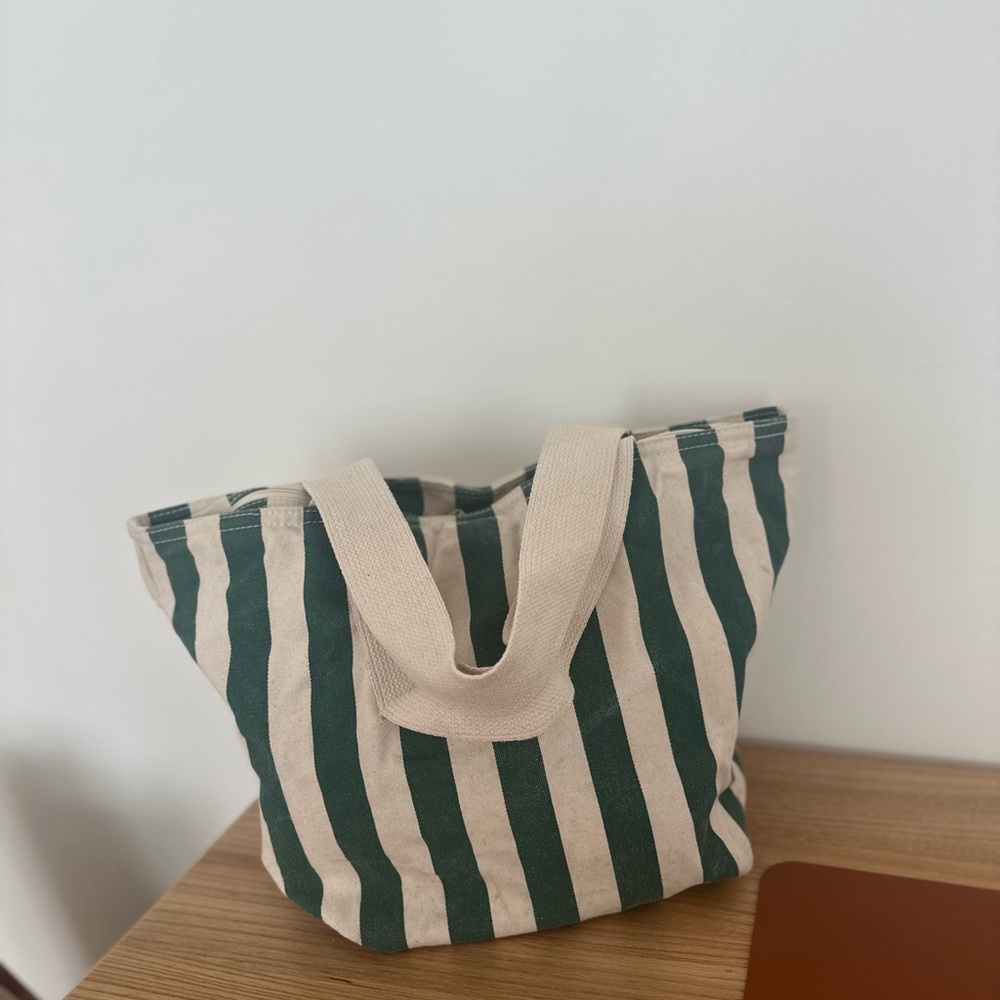 Striped Canvas Tote Bag - Green and Cream